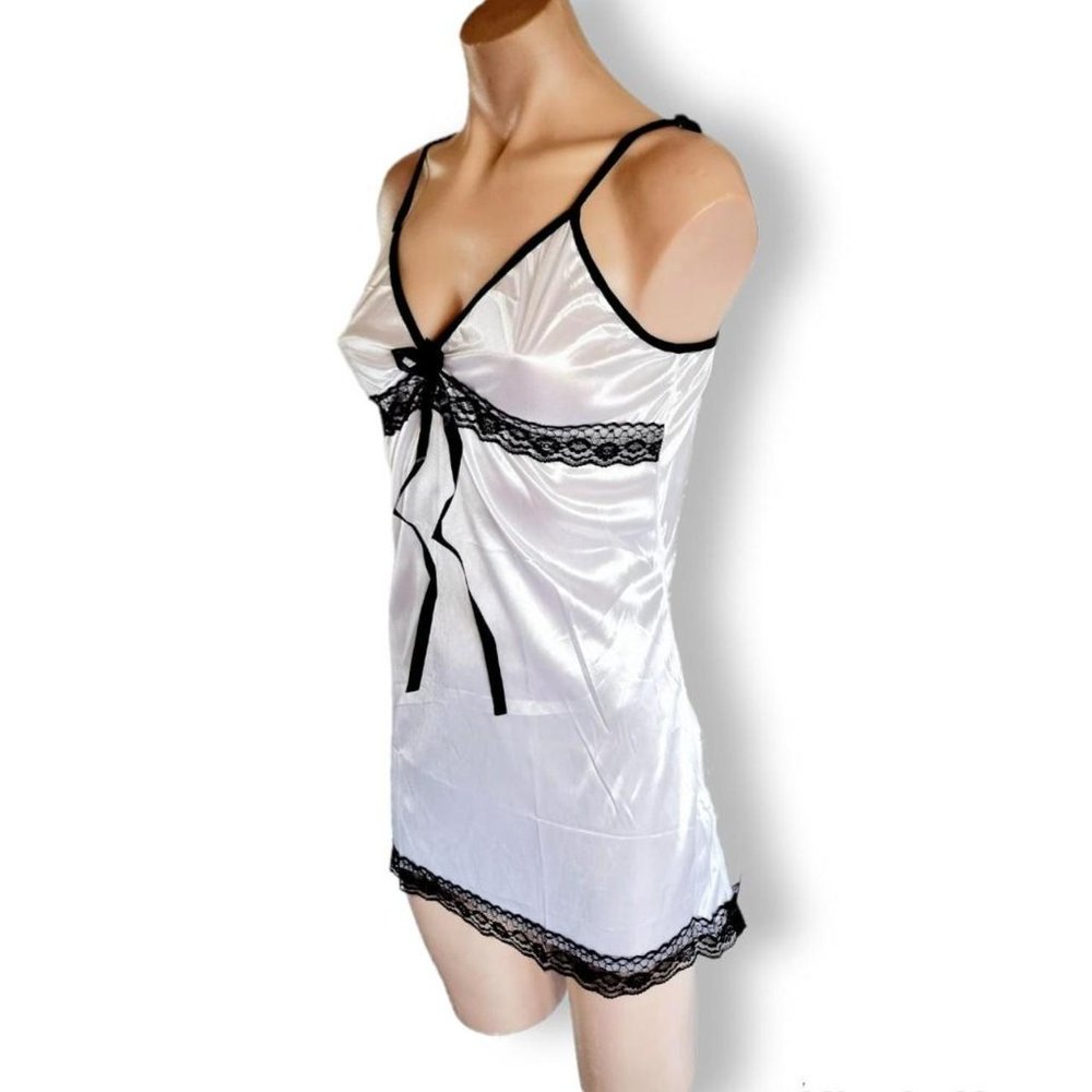 Y2k, white satin-look, transparent nighte / slip dress with black lace & ribbon - Picture 3 of 4